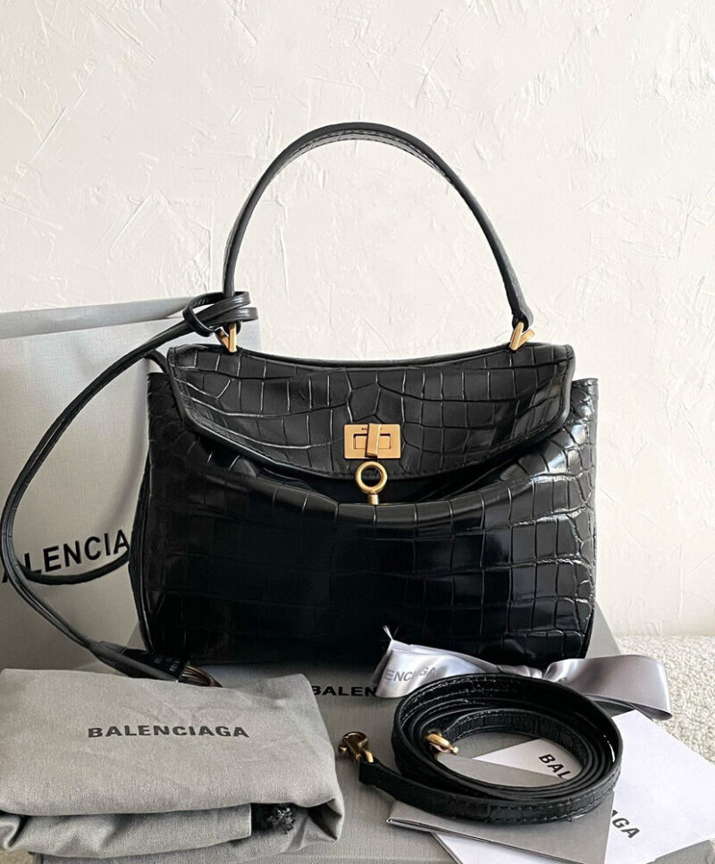 Balenciaga Rodeo Mini Handbag Crocodile Embossed Black